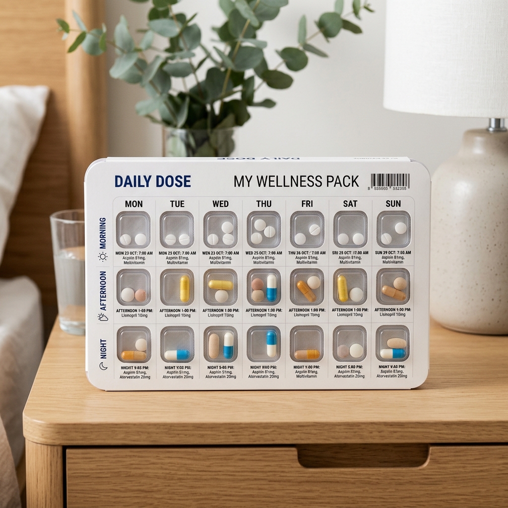 Prepackaged medication box with morning, afternoon, and night compartments